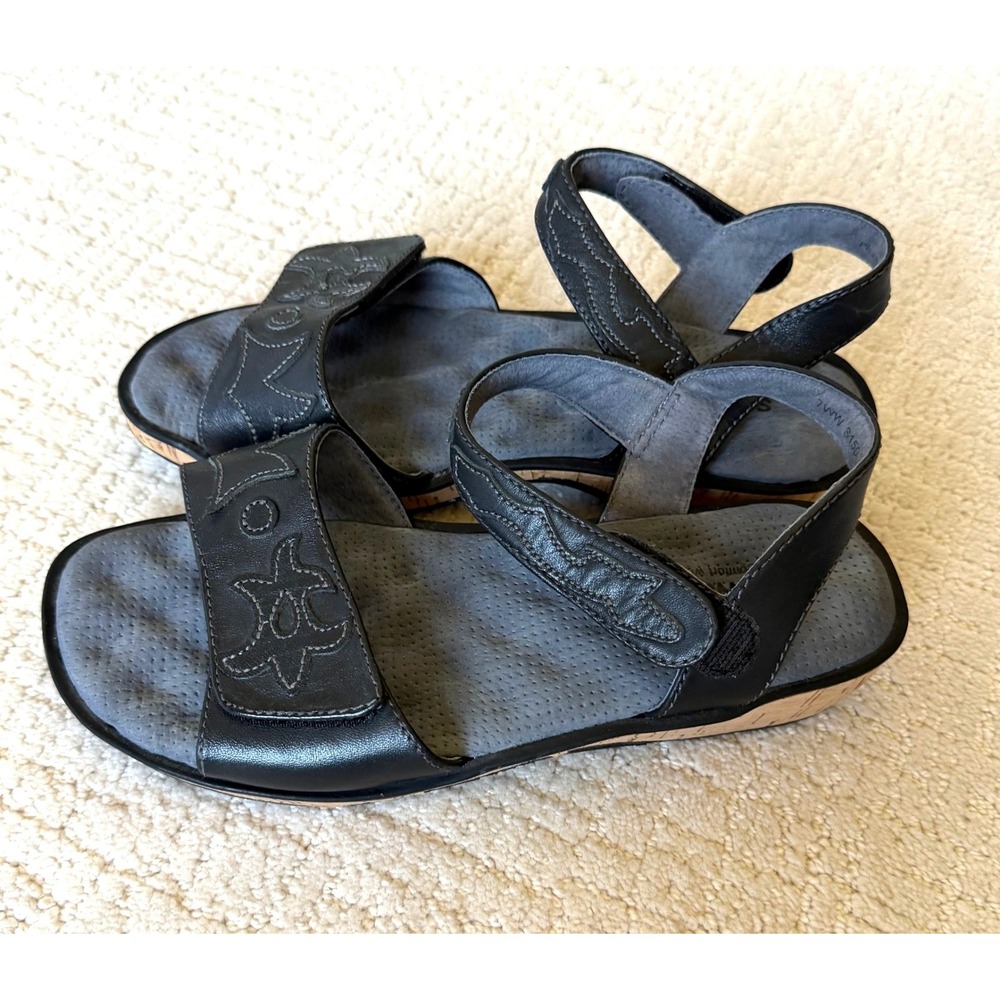 SoftWalk Black Leather Cork Wedge Sandals Womens 7WW Slingback Comfort Outdoor